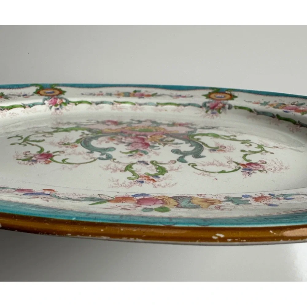 Antique Cauldon England Oval Platter Floral Turquoise Blue Gold Trim 15 Inch